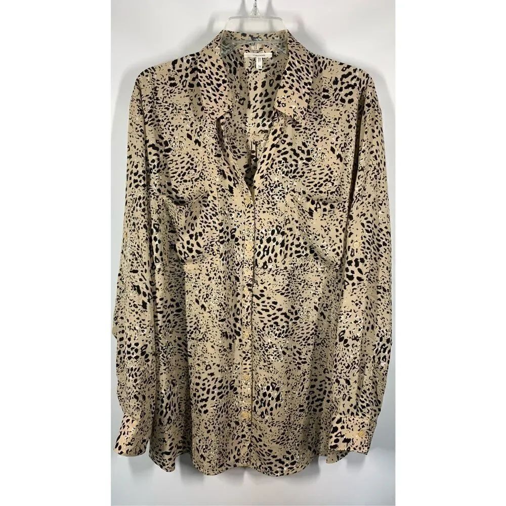 Maurices Womens Animal Print Long Sleeve Button Down Shirt Tan And Black Size 3X